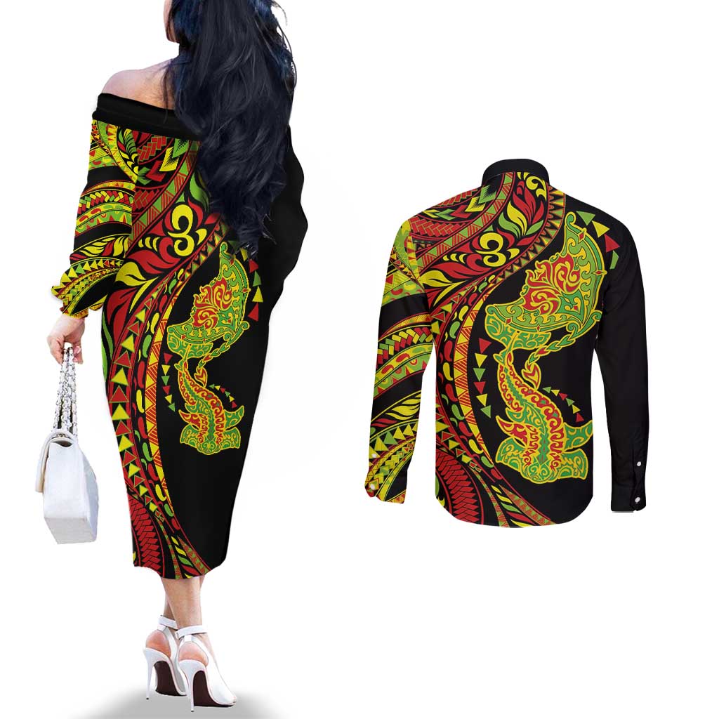 Hawaiian Manta Ray and Hammerhead Shark Tribal Tattoo Couples Matching Off The Shoulder Long Sleeve Dress and Long Sleeve Button Shirt with Polynesian Tribal Pattern Kanaka Maoli Flag Color LT03 - Polynesian Pride