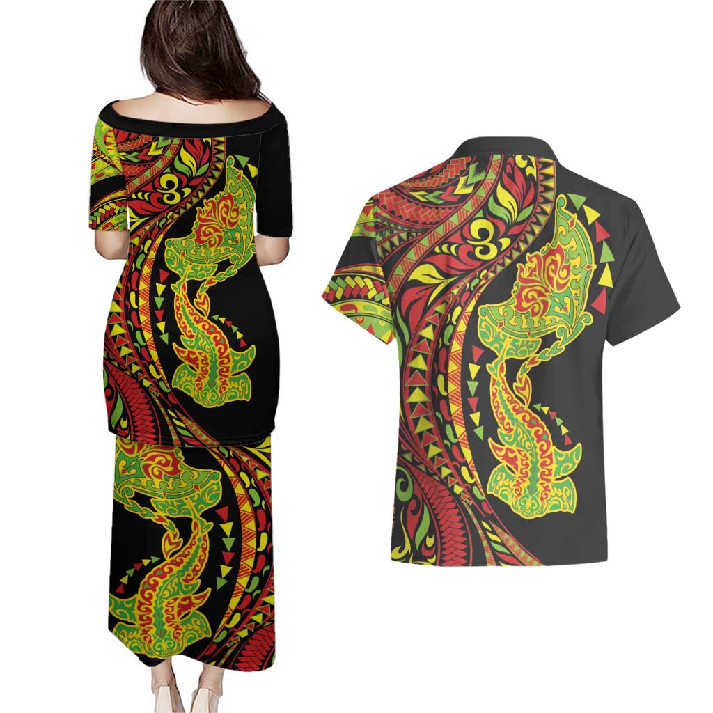 Hawaiian Manta Ray and Hammerhead Shark Tribal Tattoo Couples Matching Puletasi and Hawaiian Shirt with Polynesian Tribal Pattern Kanaka Maoli Flag Color LT03 - Polynesian Pride