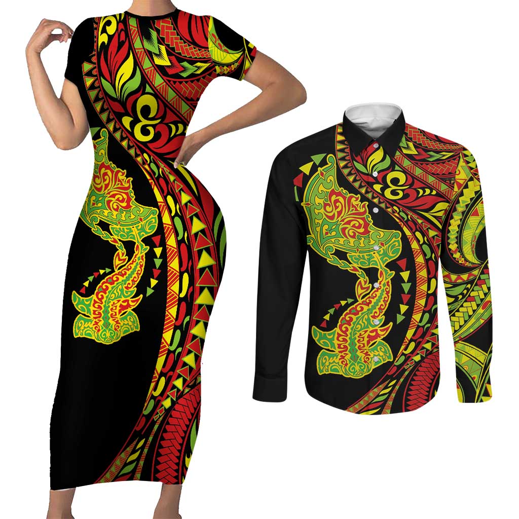Hawaiian Manta Ray and Hammerhead Shark Tribal Tattoo Couples Matching Short Sleeve Bodycon Dress and Long Sleeve Button Shirt with Polynesian Tribal Pattern Kanaka Maoli Flag Color LT03 Multicolor - Polynesian Pride