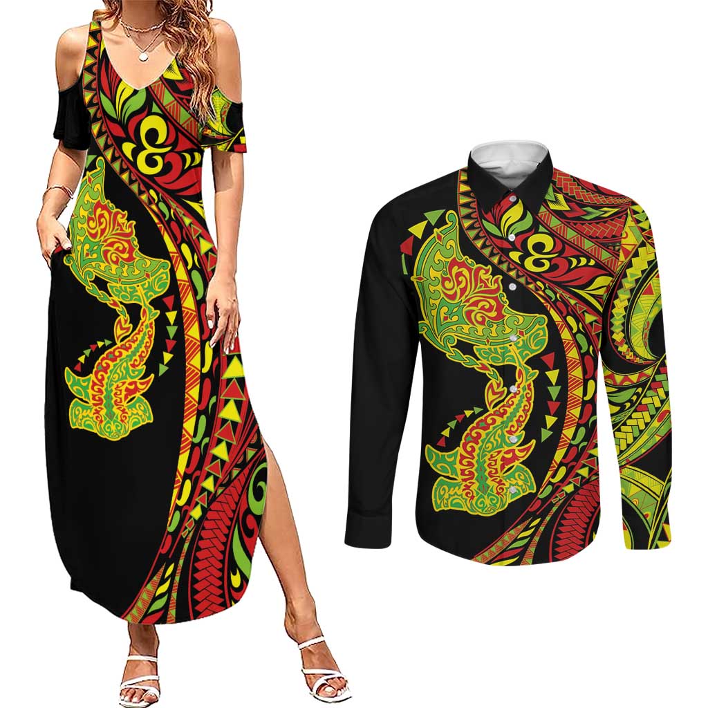 Hawaiian Manta Ray and Hammerhead Shark Tribal Tattoo Couples Matching Summer Maxi Dress and Long Sleeve Button Shirt with Polynesian Tribal Pattern Kanaka Maoli Flag Color LT03 Multicolor - Polynesian Pride