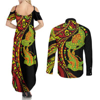 Hawaiian Manta Ray and Hammerhead Shark Tribal Tattoo Couples Matching Summer Maxi Dress and Long Sleeve Button Shirt with Polynesian Tribal Pattern Kanaka Maoli Flag Color LT03 - Polynesian Pride