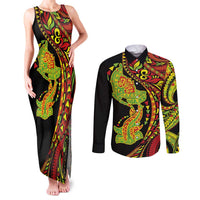 Hawaiian Manta Ray and Hammerhead Shark Tribal Tattoo Couples Matching Tank Maxi Dress and Long Sleeve Button Shirt with Polynesian Tribal Pattern Kanaka Maoli Flag Color LT03 Multicolor - Polynesian Pride