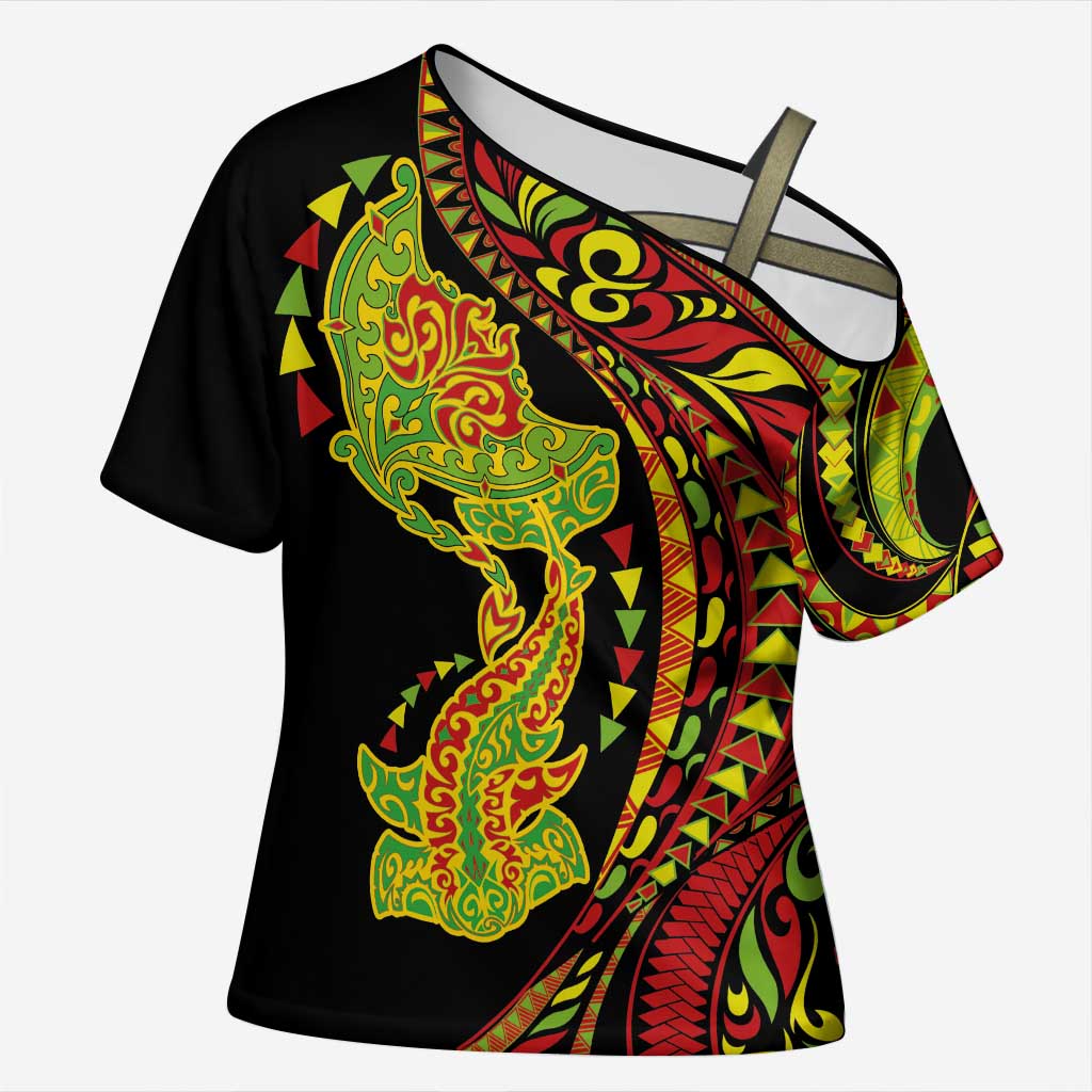 Hawaiian Manta Ray and Hammerhead Shark Tribal Tattoo Cross Shoulder Shirt with Polynesian Tribal Pattern Kanaka Maoli Flag Color LT03 Female Multicolor - Polynesian Pride