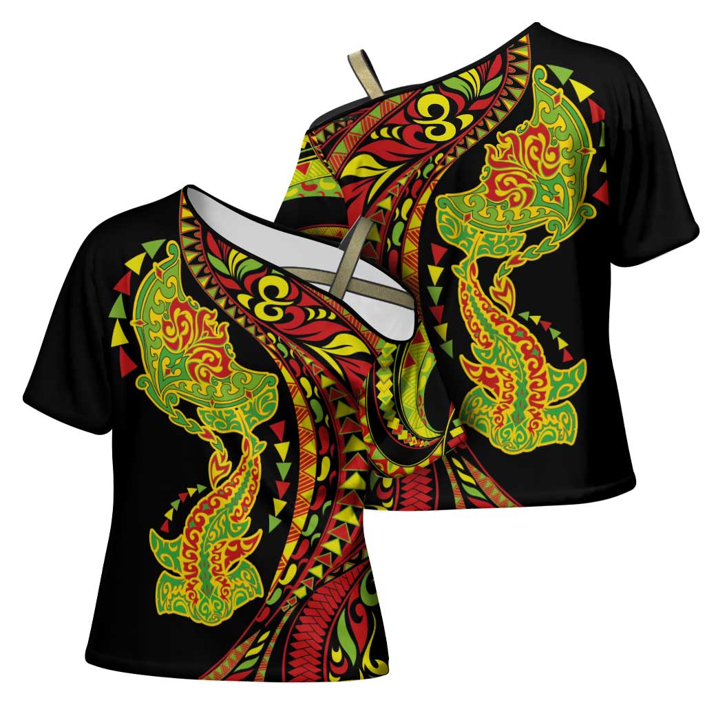 Hawaiian Manta Ray and Hammerhead Shark Tribal Tattoo Cross Shoulder Shirt with Polynesian Tribal Pattern Kanaka Maoli Flag Color LT03 - Polynesian Pride