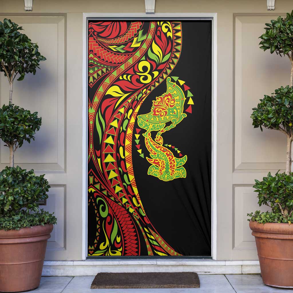 Hawaiian Manta Ray and Hammerhead Shark Tribal Tattoo Door Cover with Polynesian Tribal Pattern Kanaka Maoli Flag Color LT03 Multicolor - Polynesian Pride