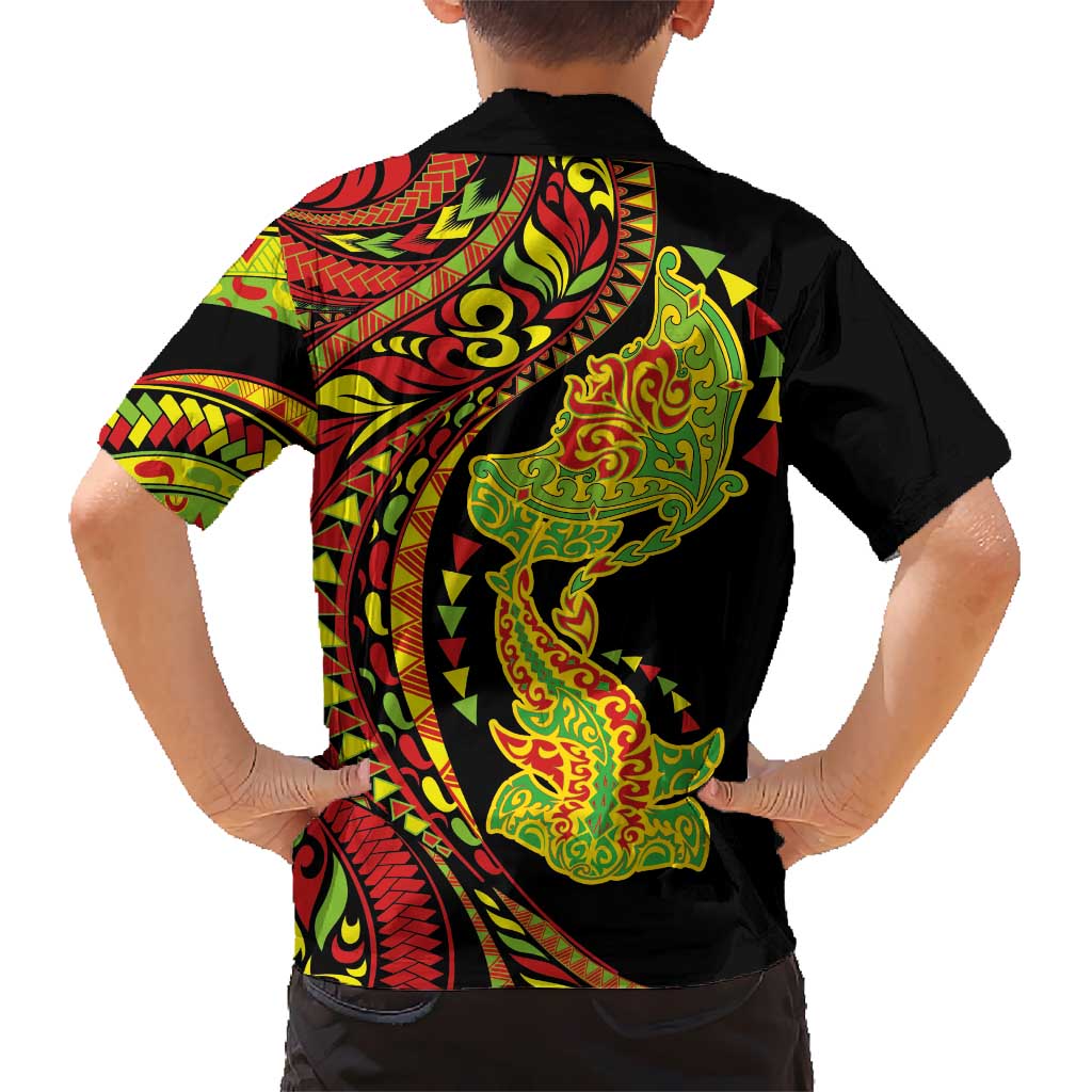 Hawaiian Manta Ray and Hammerhead Shark Tribal Tattoo Family Matching Off Shoulder Maxi Dress and Hawaiian Shirt with Polynesian Tribal Pattern Kanaka Maoli Flag Color LT03 - Polynesian Pride