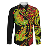 Hawaiian Manta Ray and Hammerhead Shark Tribal Tattoo Family Matching Off Shoulder Maxi Dress and Hawaiian Shirt with Polynesian Tribal Pattern Kanaka Maoli Flag Color LT03 Dad's Shirt - Long Sleeve Multicolor - Polynesian Pride