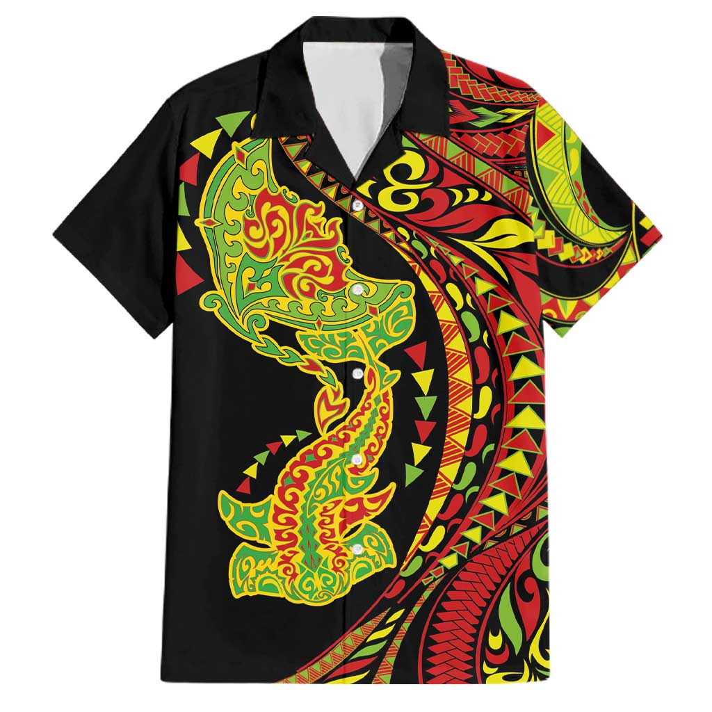Hawaiian Manta Ray and Hammerhead Shark Tribal Tattoo Family Matching Off Shoulder Short Dress and Hawaiian Shirt with Polynesian Tribal Pattern Kanaka Maoli Flag Color LT03 Dad's Shirt - Short Sleeve Multicolor - Polynesian Pride