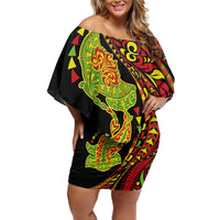 Hawaiian Manta Ray and Hammerhead Shark Tribal Tattoo Family Matching Off Shoulder Short Dress and Hawaiian Shirt with Polynesian Tribal Pattern Kanaka Maoli Flag Color LT03 Mom's Dress Multicolor - Polynesian Pride