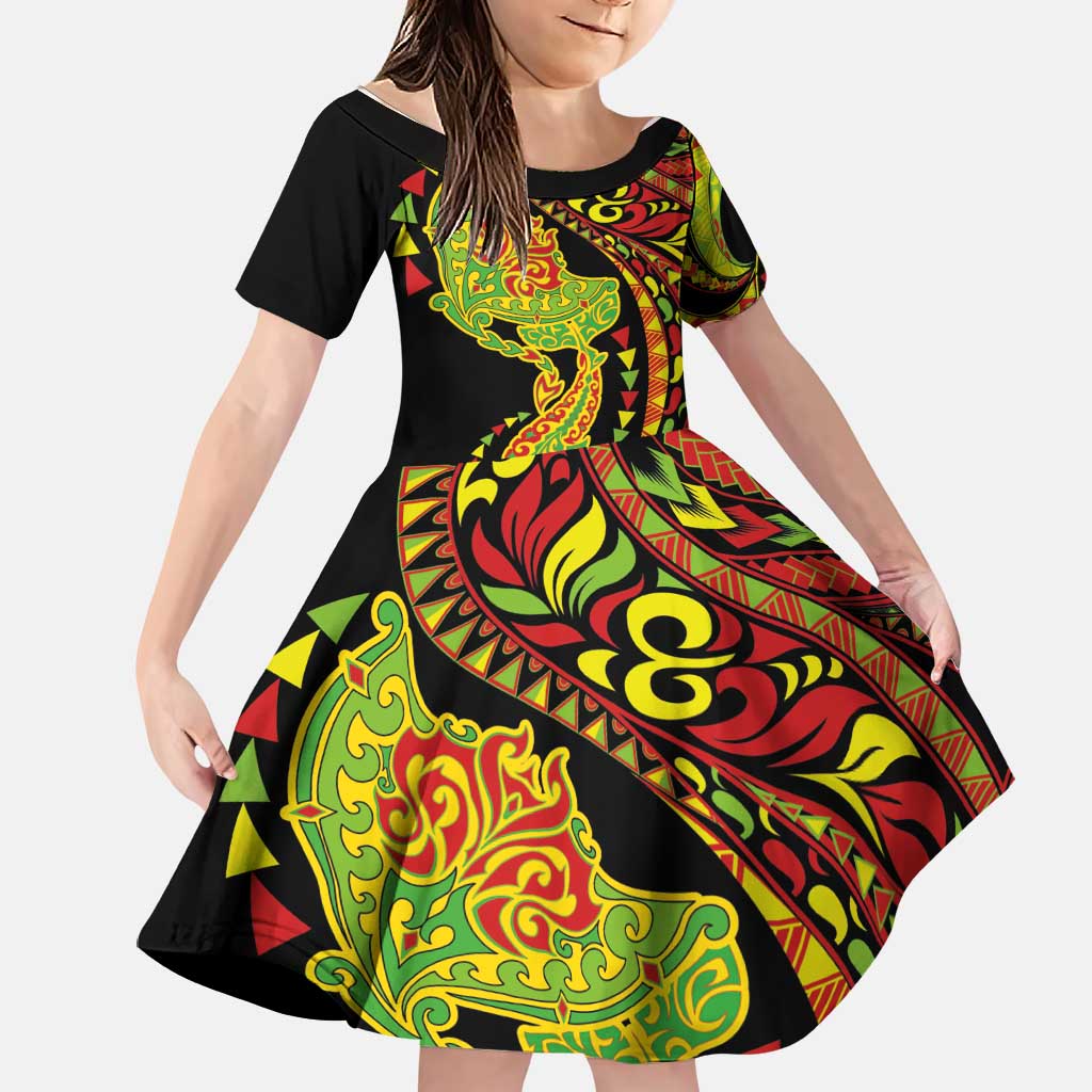 Hawaiian Manta Ray and Hammerhead Shark Tribal Tattoo Family Matching Puletasi and Hawaiian Shirt with Polynesian Tribal Pattern Kanaka Maoli Flag Color LT03 Daughter's Dress Multicolor - Polynesian Pride