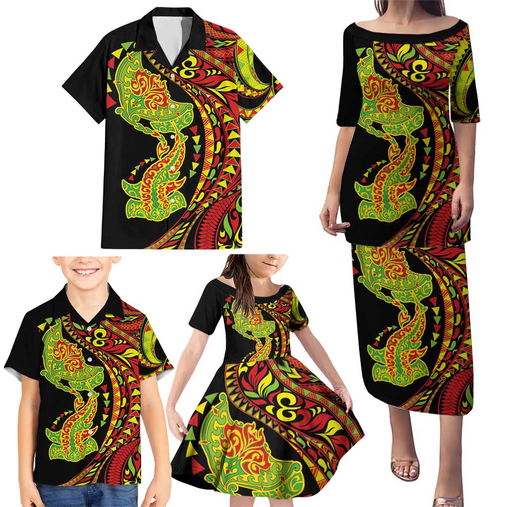 Hawaiian Manta Ray and Hammerhead Shark Tribal Tattoo Family Matching Puletasi and Hawaiian Shirt with Polynesian Tribal Pattern Kanaka Maoli Flag Color