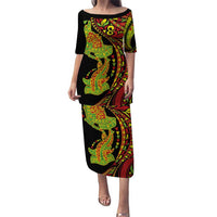 Hawaiian Manta Ray and Hammerhead Shark Tribal Tattoo Family Matching Puletasi and Hawaiian Shirt with Polynesian Tribal Pattern Kanaka Maoli Flag Color LT03 Mom's Dress Multicolor - Polynesian Pride
