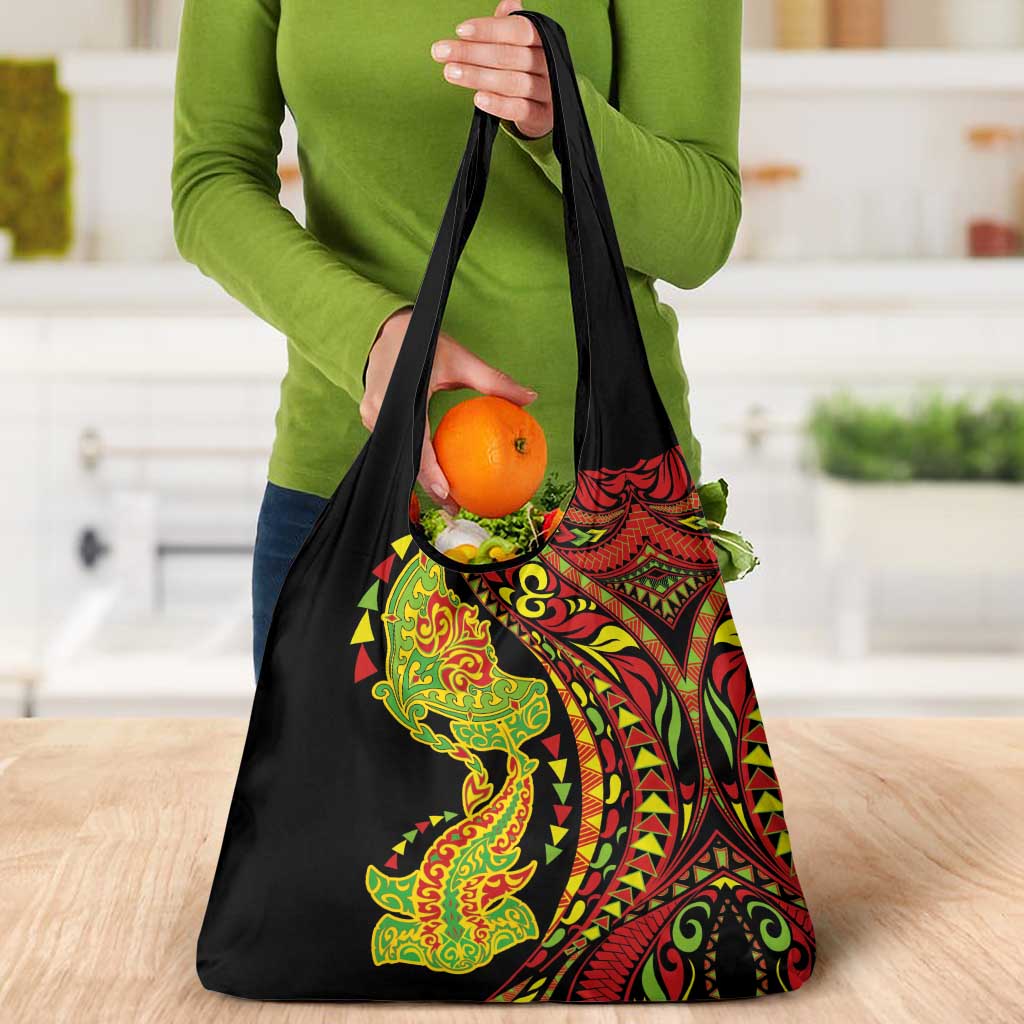 Hawaiian Manta Ray and Hammerhead Shark Tribal Tattoo Grocery Bag with Polynesian Tribal Pattern Kanaka Maoli Flag Color LT03 - Polynesian Pride
