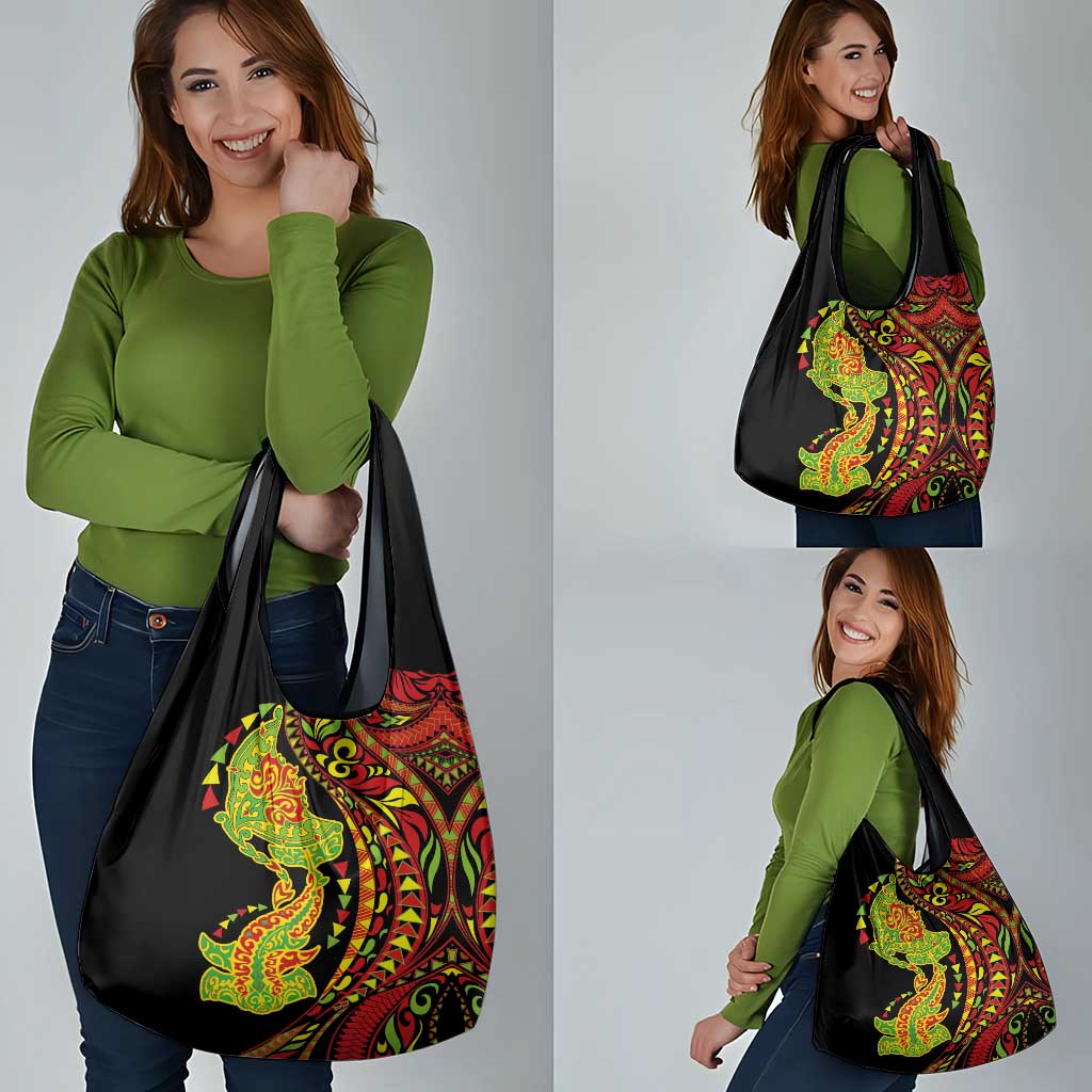 Hawaiian Manta Ray and Hammerhead Shark Tribal Tattoo Grocery Bag with Polynesian Tribal Pattern Kanaka Maoli Flag Color LT03 - Polynesian Pride