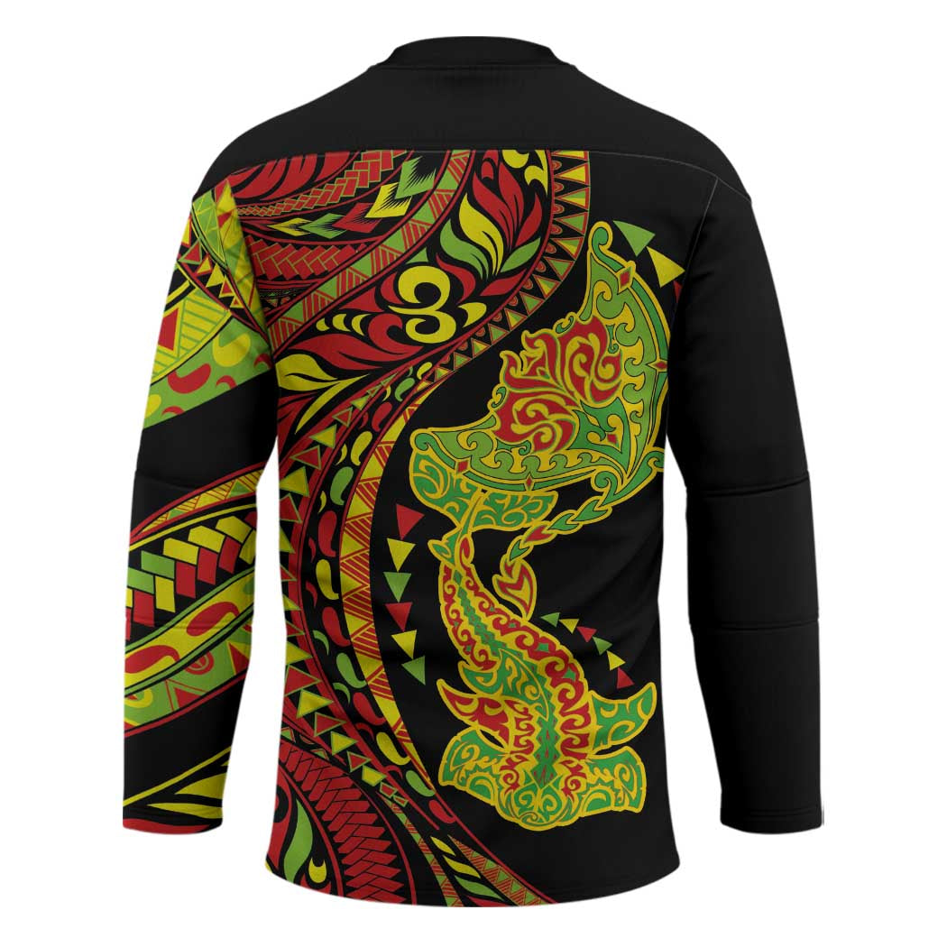 Hawaiian Manta Ray and Hammerhead Shark Tribal Tattoo Hockey Jersey with Polynesian Tribal Pattern Kanaka Maoli Flag Color LT03 - Polynesian Pride
