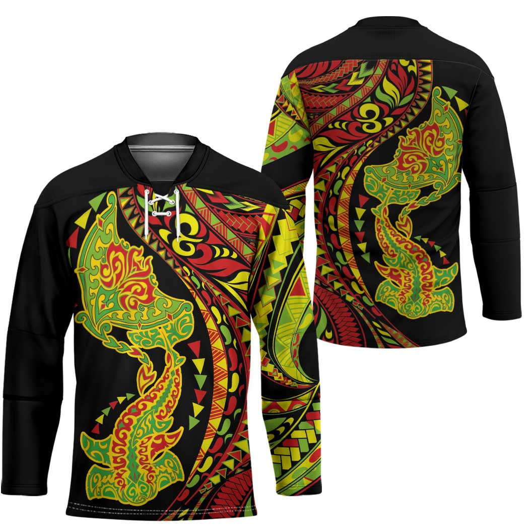 Hawaiian Manta Ray and Hammerhead Shark Tribal Tattoo Hockey Jersey with Polynesian Tribal Pattern Kanaka Maoli Flag Color LT03 - Polynesian Pride