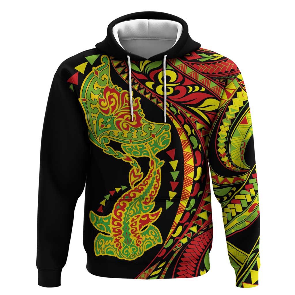 Hawaiian Manta Ray and Hammerhead Shark Tribal Tattoo Hoodie with Polynesian Tribal Pattern Kanaka Maoli Flag Color LT03 Pullover Hoodie Multicolor - Polynesian Pride