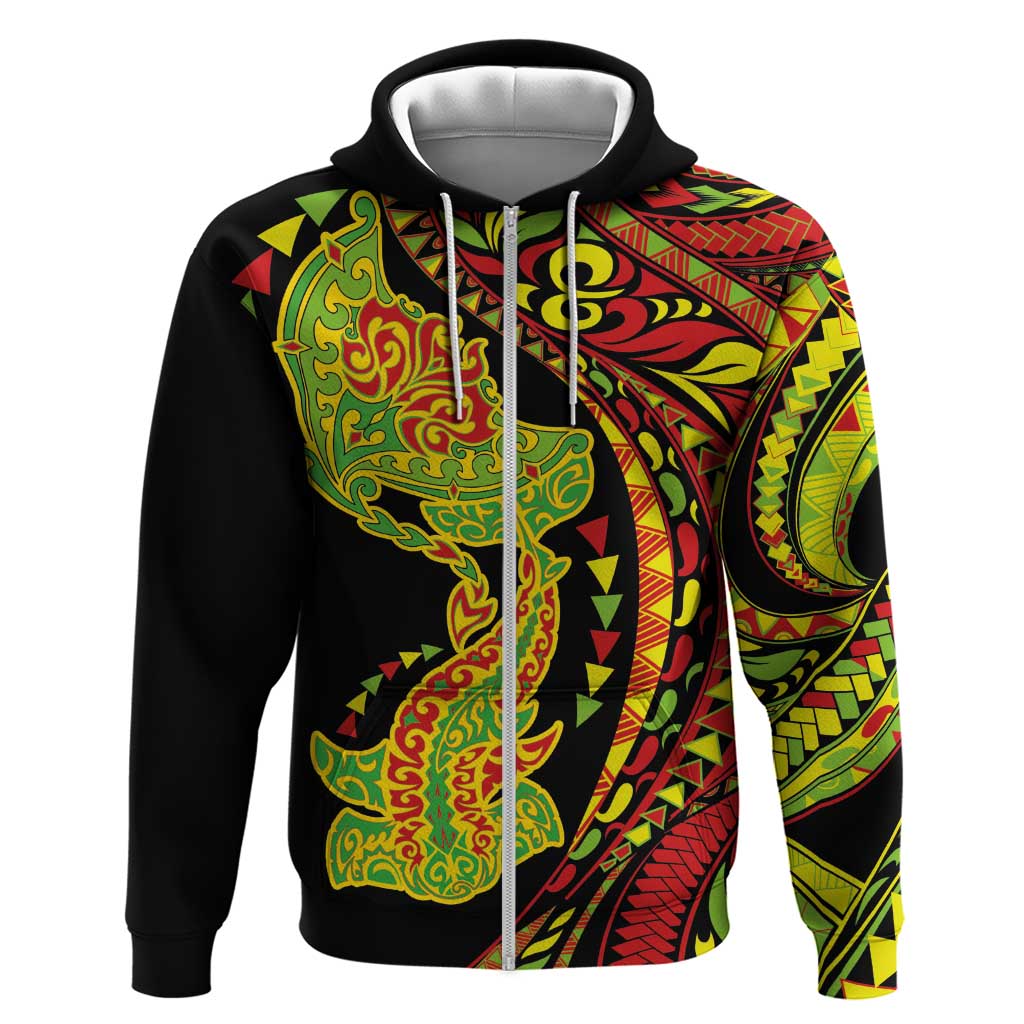 Hawaiian Manta Ray and Hammerhead Shark Tribal Tattoo Hoodie with Polynesian Tribal Pattern Kanaka Maoli Flag Color LT03 Zip Hoodie Multicolor - Polynesian Pride