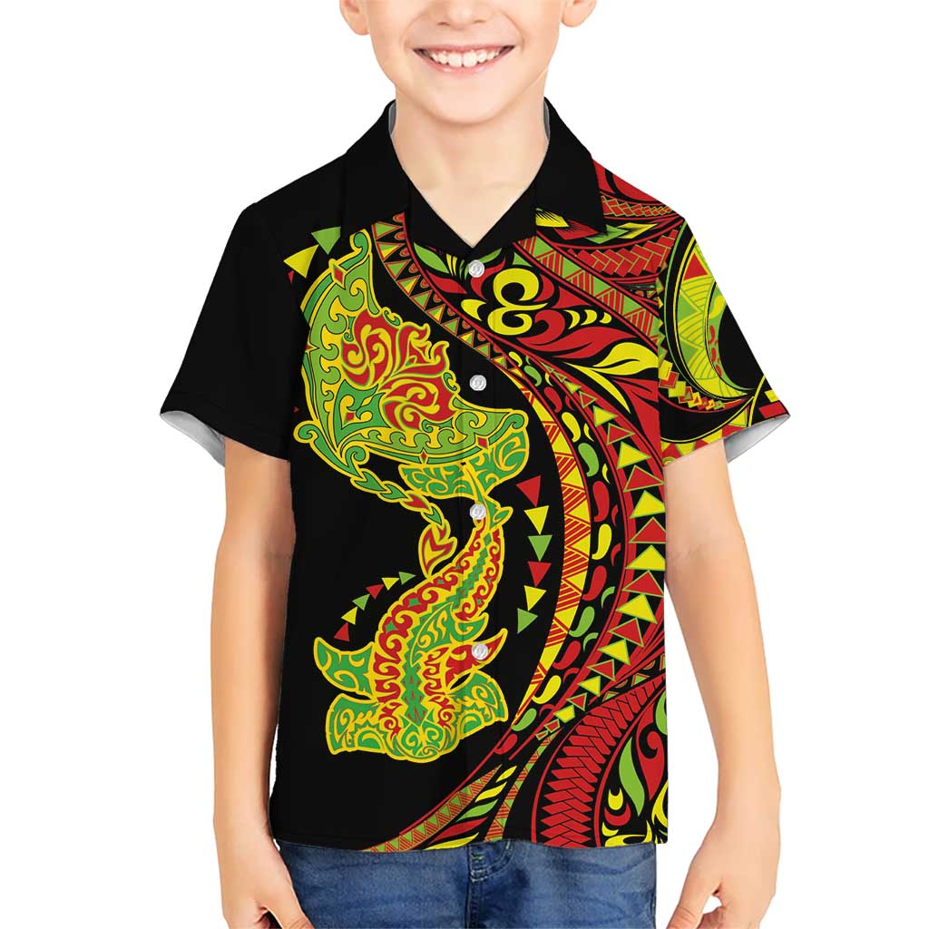 Hawaiian Manta Ray and Hammerhead Shark Tribal Tattoo Kid Hawaiian Shirt with Polynesian Tribal Pattern Kanaka Maoli Flag Color LT03 Kid Multicolor - Polynesian Pride