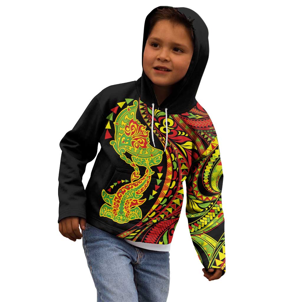 Hawaiian Manta Ray and Hammerhead Shark Tribal Tattoo Kid Hoodie with Polynesian Tribal Pattern Kanaka Maoli Flag Color LT03 - Polynesian Pride