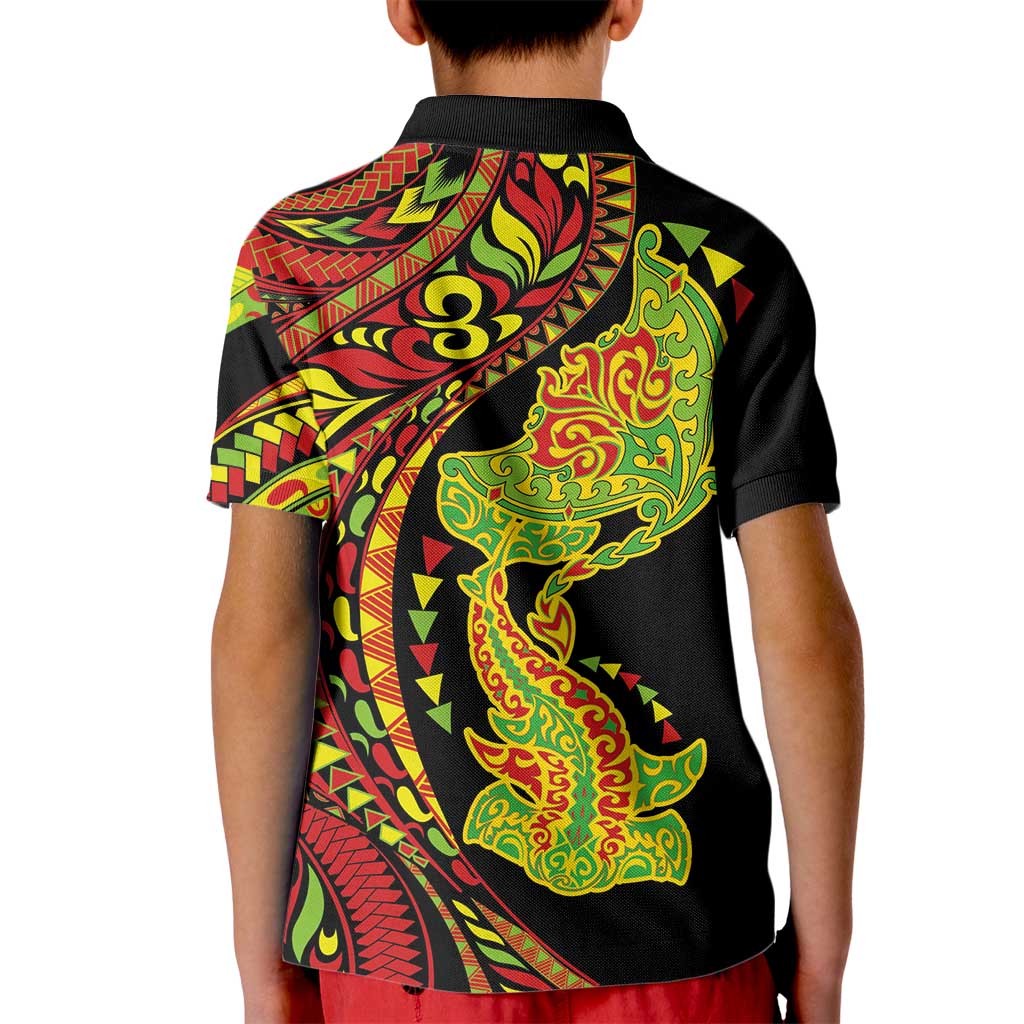 Hawaiian Manta Ray and Hammerhead Shark Tribal Tattoo Kid Polo Shirt with Polynesian Tribal Pattern Kanaka Maoli Flag Color LT03 - Polynesian Pride