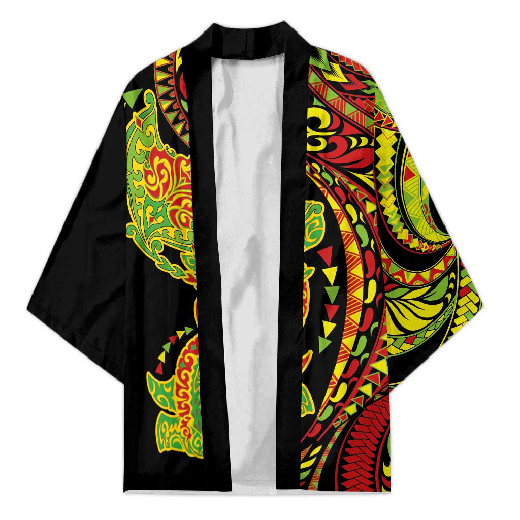 Hawaiian Manta Ray and Hammerhead Shark Tribal Tattoo Kimono with Polynesian Tribal Pattern Kanaka Maoli Flag Color