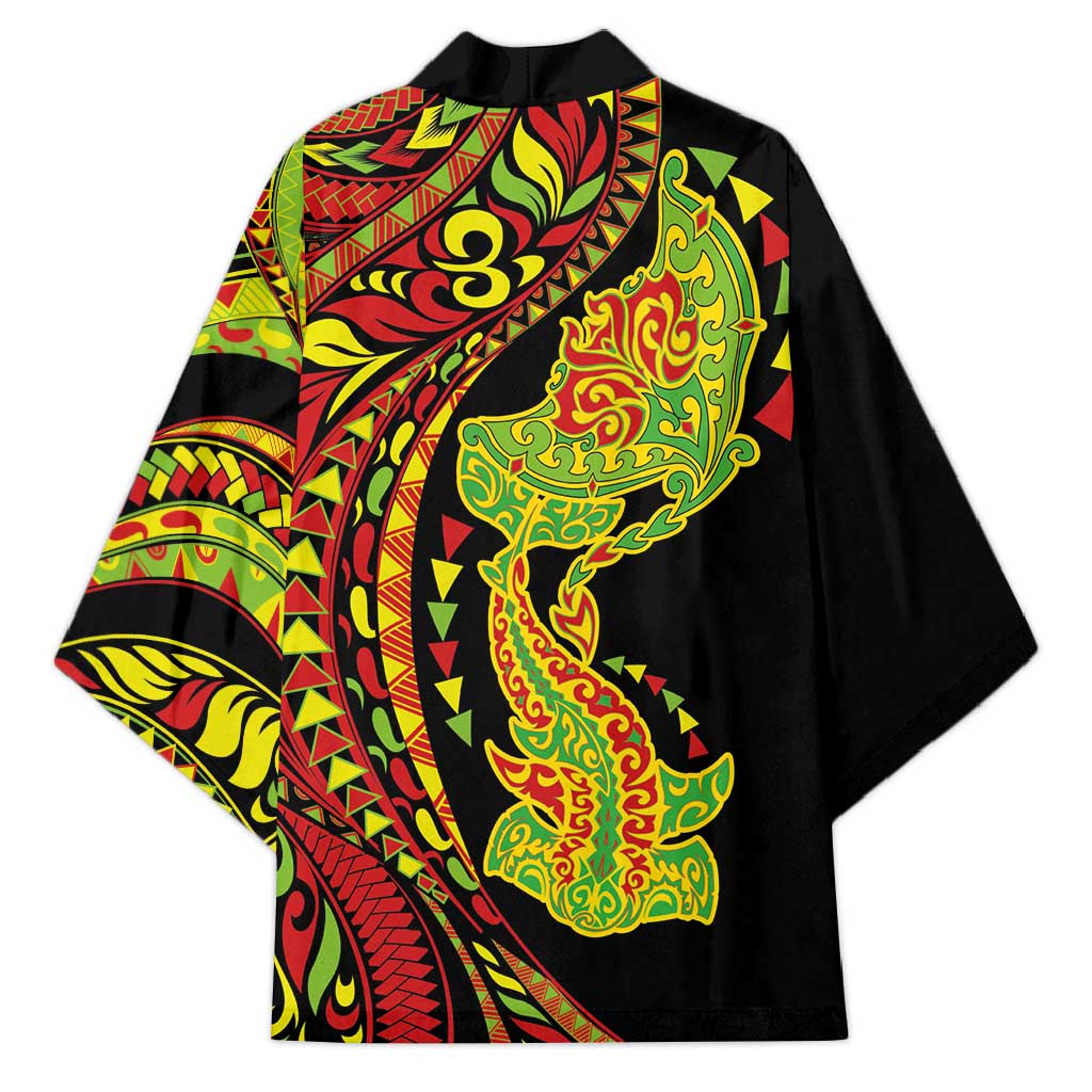 Hawaiian Manta Ray and Hammerhead Shark Tribal Tattoo Kimono with Polynesian Tribal Pattern Kanaka Maoli Flag Color