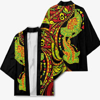 Hawaiian Manta Ray and Hammerhead Shark Tribal Tattoo Kimono with Polynesian Tribal Pattern Kanaka Maoli Flag Color
