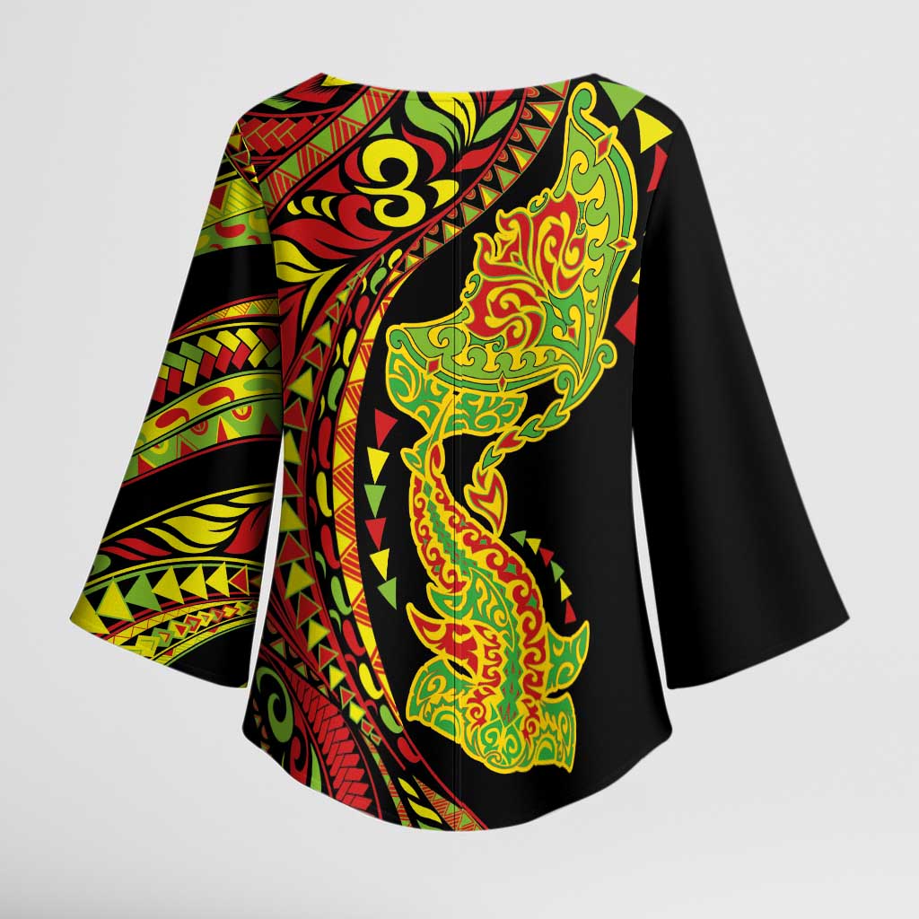 Hawaiian Manta Ray and Hammerhead Shark Tribal Tattoo Kimono Sleeve Blouse with Polynesian Tribal Pattern Kanaka Maoli Flag Color LT03 - Polynesian Pride