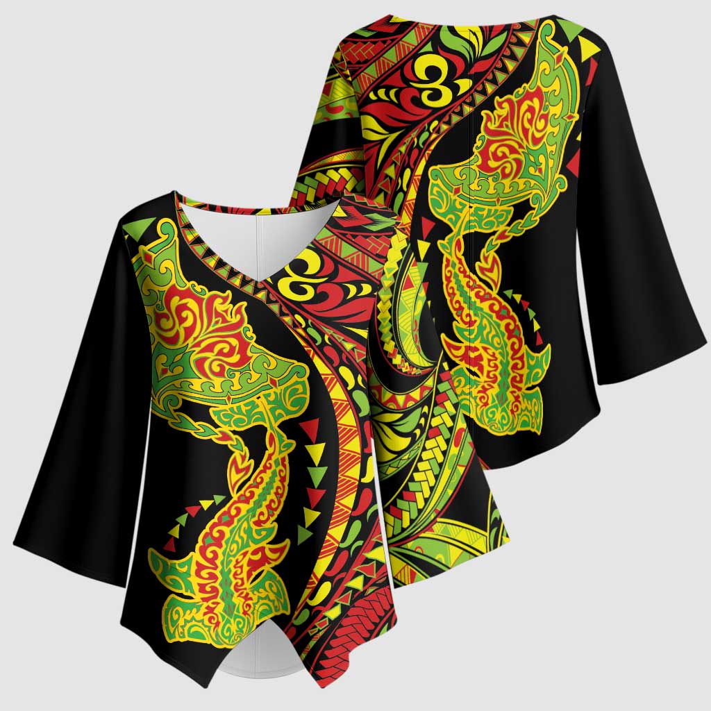 Hawaiian Manta Ray and Hammerhead Shark Tribal Tattoo Kimono Sleeve Blouse with Polynesian Tribal Pattern Kanaka Maoli Flag Color LT03 - Polynesian Pride
