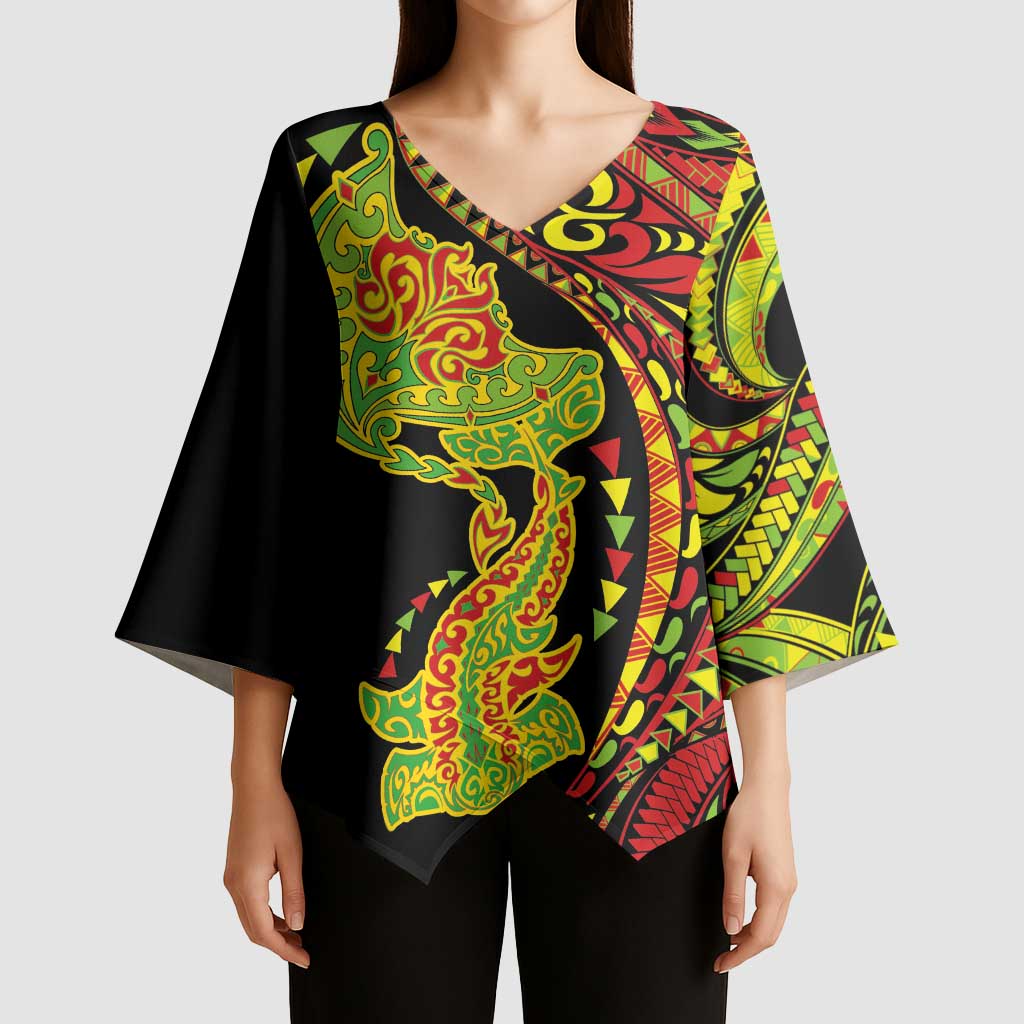 Hawaiian Manta Ray and Hammerhead Shark Tribal Tattoo Kimono Sleeve Blouse with Polynesian Tribal Pattern Kanaka Maoli Flag Color LT03 - Polynesian Pride
