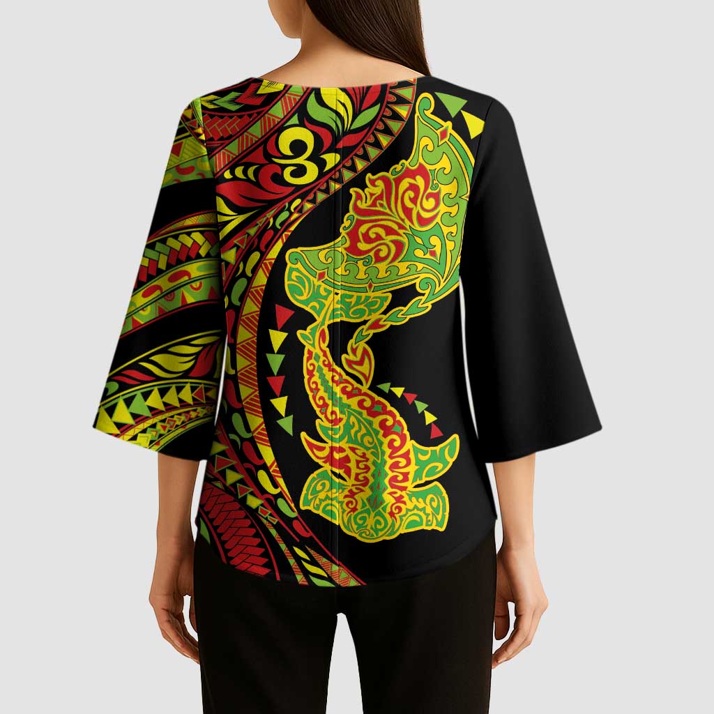 Hawaiian Manta Ray and Hammerhead Shark Tribal Tattoo Kimono Sleeve Blouse with Polynesian Tribal Pattern Kanaka Maoli Flag Color LT03 - Polynesian Pride