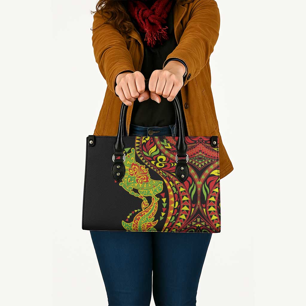 Hawaiian Manta Ray and Hammerhead Shark Tribal Tattoo Leather Bag with Polynesian Tribal Pattern Kanaka Maoli Flag Color