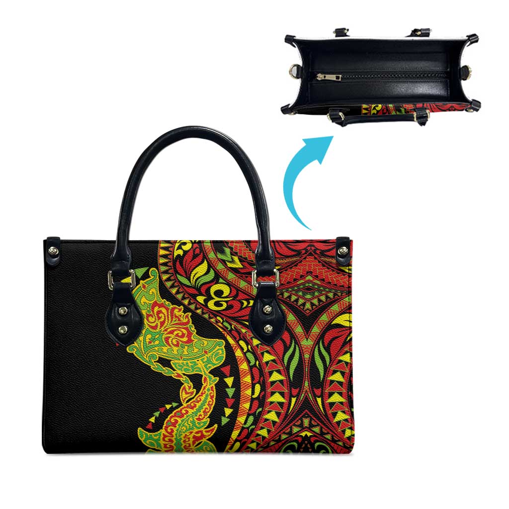 Hawaiian Manta Ray and Hammerhead Shark Tribal Tattoo Leather Bag with Polynesian Tribal Pattern Kanaka Maoli Flag Color