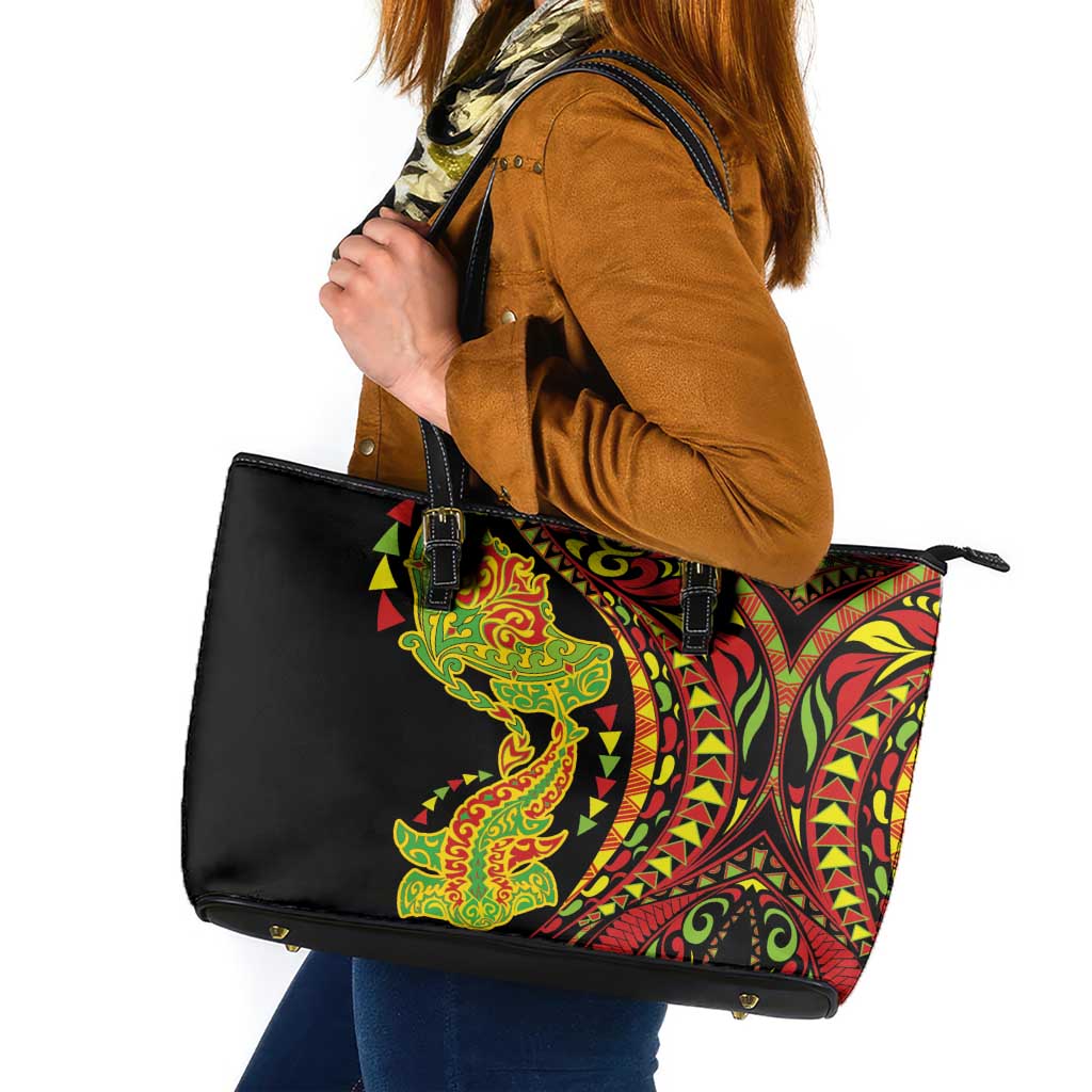 Hawaiian Manta Ray and Hammerhead Shark Tribal Tattoo Leather Tote Bag with Polynesian Tribal Pattern Kanaka Maoli Flag Color LT03 Multicolor - Polynesian Pride