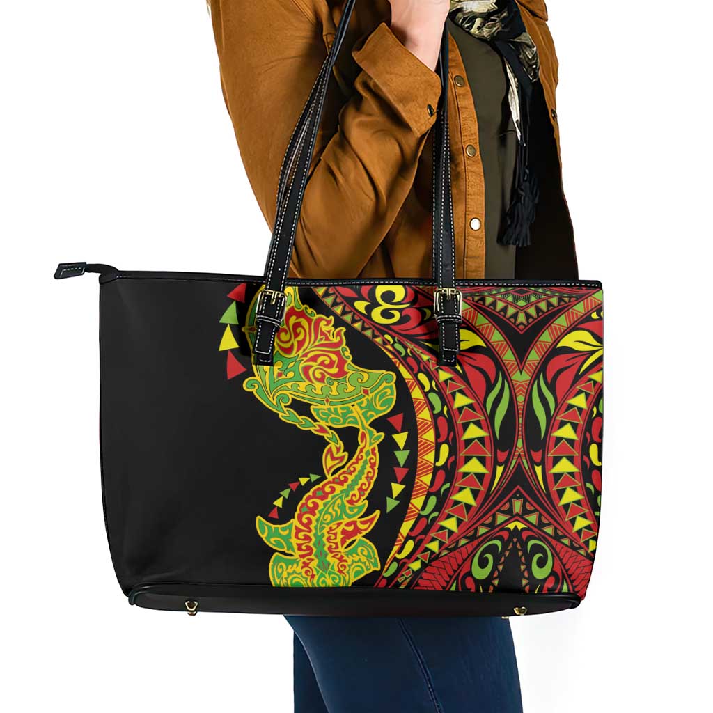 Hawaiian Manta Ray and Hammerhead Shark Tribal Tattoo Leather Tote Bag with Polynesian Tribal Pattern Kanaka Maoli Flag Color LT03 - Polynesian Pride