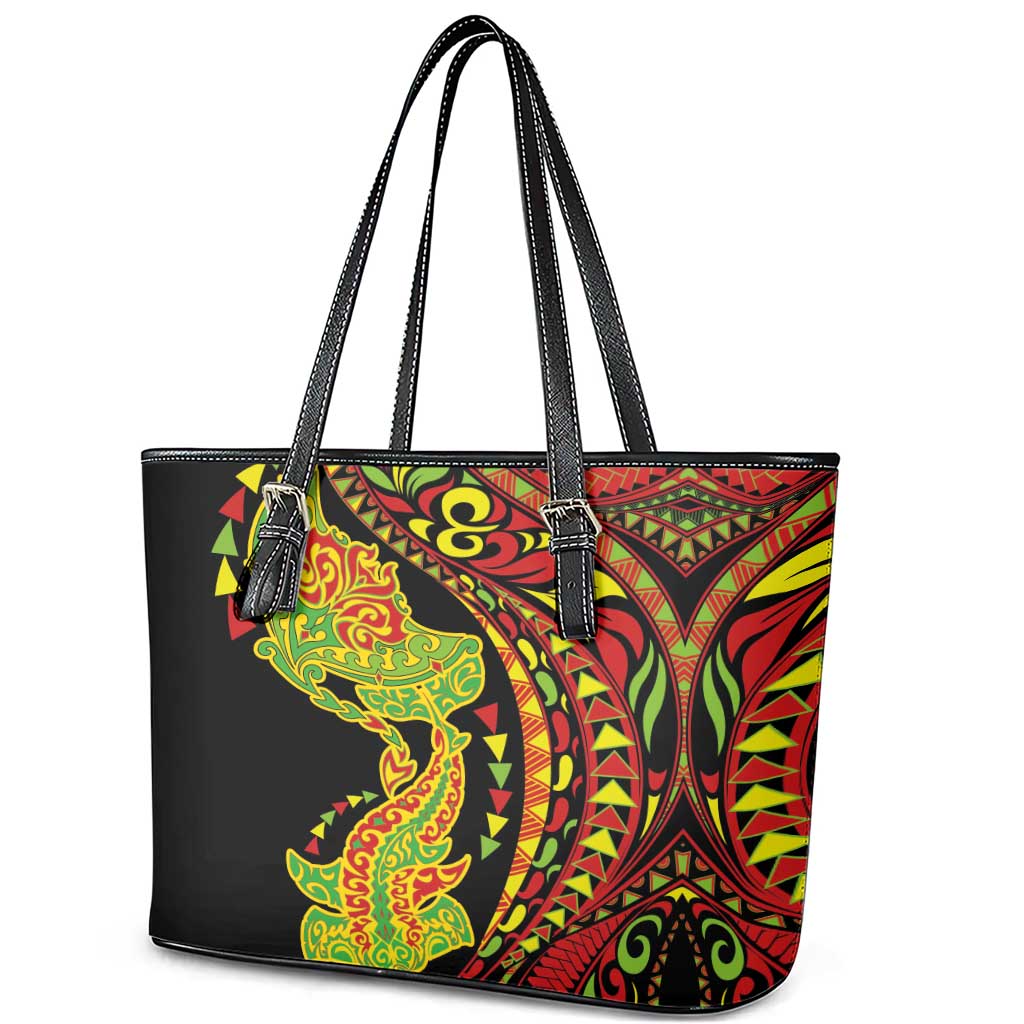 Hawaiian Manta Ray and Hammerhead Shark Tribal Tattoo Leather Tote Bag with Polynesian Tribal Pattern Kanaka Maoli Flag Color LT03 - Polynesian Pride