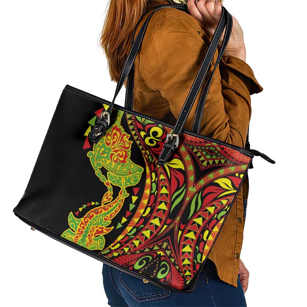 Hawaiian Manta Ray and Hammerhead Shark Tribal Tattoo Leather Tote Bag with Polynesian Tribal Pattern Kanaka Maoli Flag Color LT03 - Polynesian Pride