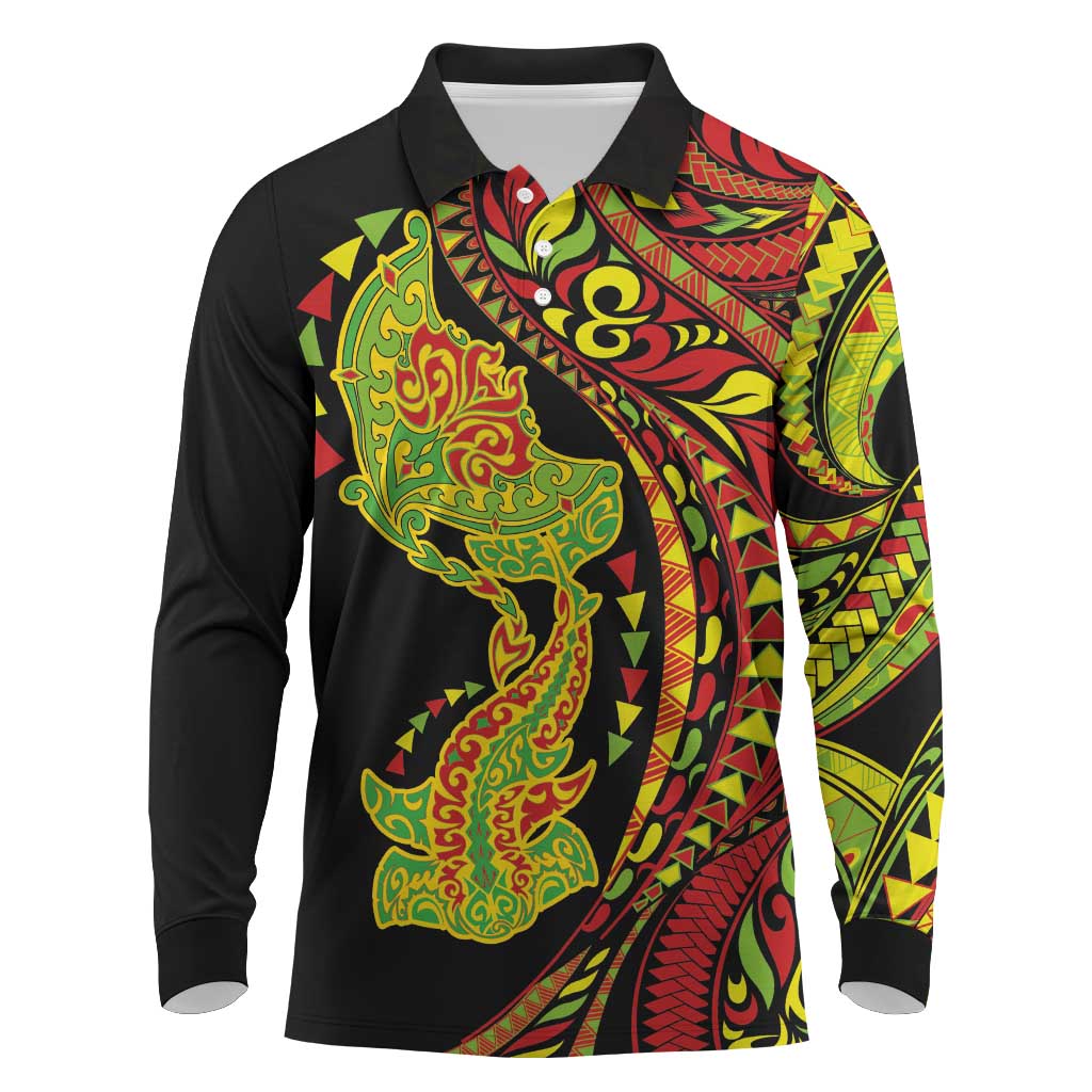 Hawaiian Manta Ray and Hammerhead Shark Tribal Tattoo Long Sleeve Polo Shirt with Polynesian Tribal Pattern Kanaka Maoli Flag Color LT03 Multicolor - Polynesian Pride
