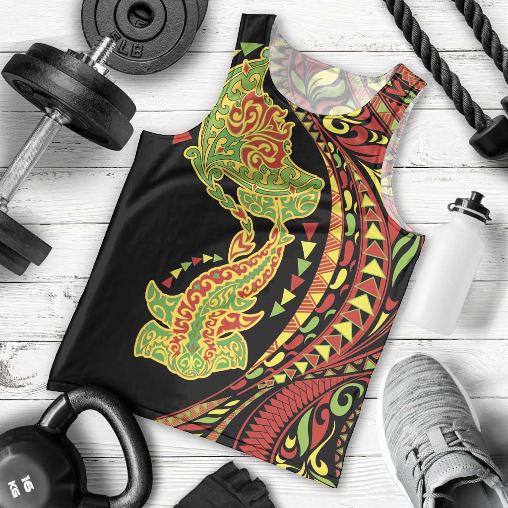 Hawaiian Manta Ray and Hammerhead Shark Tribal Tattoo Men Tank Top with Polynesian Tribal Pattern Kanaka Maoli Flag Color LT03 - Polynesian Pride