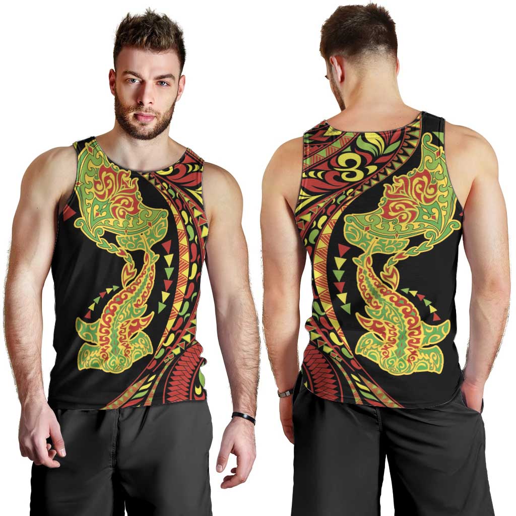 Hawaiian Manta Ray and Hammerhead Shark Tribal Tattoo Men Tank Top with Polynesian Tribal Pattern Kanaka Maoli Flag Color LT03 - Polynesian Pride