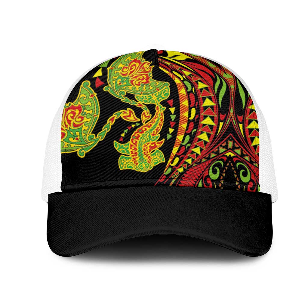 Hawaiian Manta Ray and Hammerhead Shark Tribal Tattoo Mesh Trucker Cap with Polynesian Tribal Pattern Kanaka Maoli Flag Color