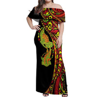 Hawaiian Manta Ray and Hammerhead Shark Tribal Tattoo Off Shoulder Maxi Dress with Polynesian Tribal Pattern Kanaka Maoli Flag Color LT03 Women Multicolor - Polynesian Pride