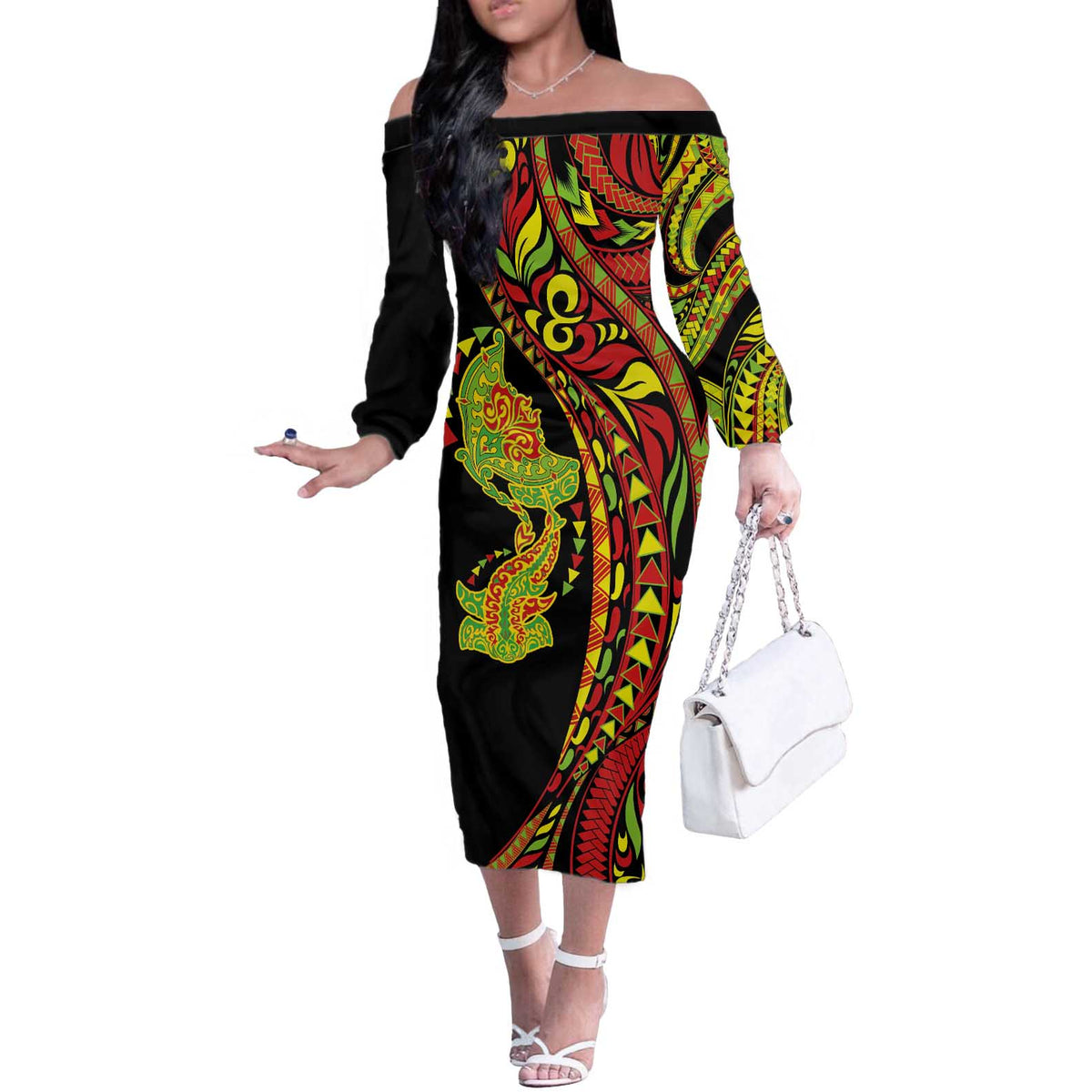 Hawaiian Manta Ray and Hammerhead Shark Tribal Tattoo Off The Shoulder Long Sleeve Dress with Polynesian Tribal Pattern Kanaka Maoli Flag Color LT03 Women Multicolor - Polynesian Pride