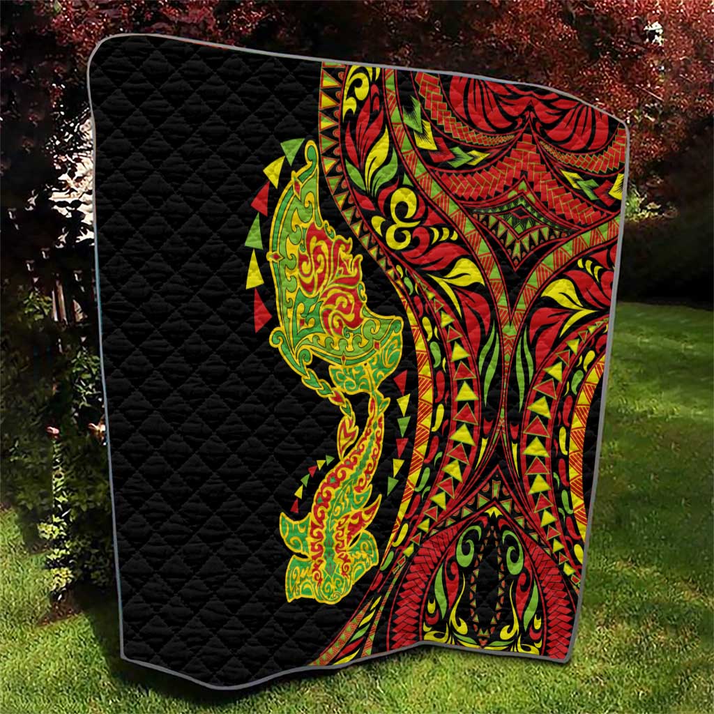 Hawaiian Manta Ray and Hammerhead Shark Tribal Tattoo Quilt with Polynesian Tribal Pattern Kanaka Maoli Flag Color
