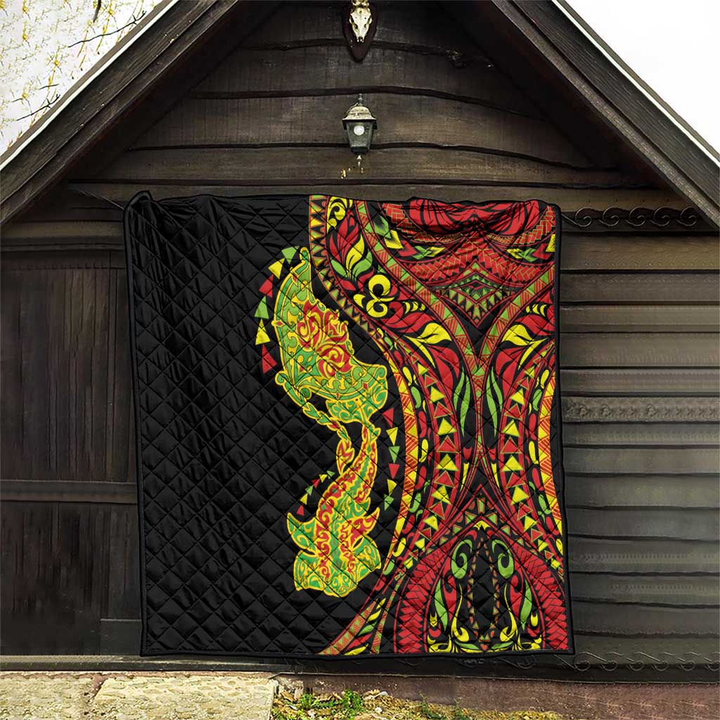 Hawaiian Manta Ray and Hammerhead Shark Tribal Tattoo Quilt with Polynesian Tribal Pattern Kanaka Maoli Flag Color