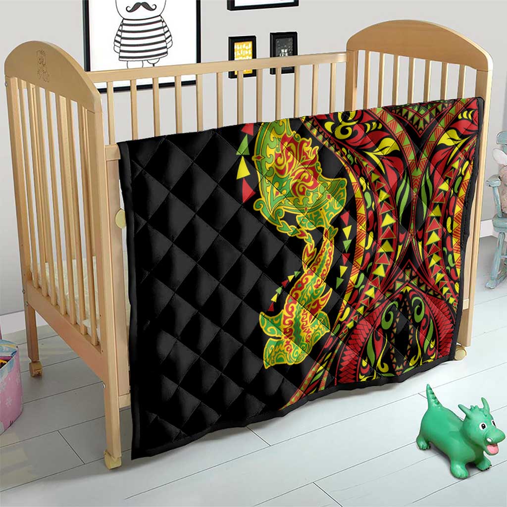 Hawaiian Manta Ray and Hammerhead Shark Tribal Tattoo Quilt with Polynesian Tribal Pattern Kanaka Maoli Flag Color