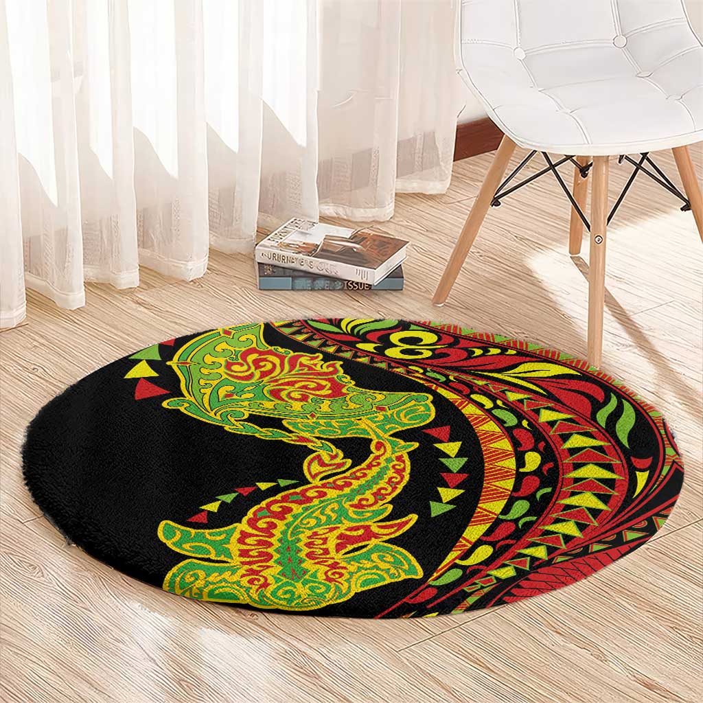 Hawaiian Manta Ray and Hammerhead Shark Tribal Tattoo Round Carpet with Polynesian Tribal Pattern Kanaka Maoli Flag Color