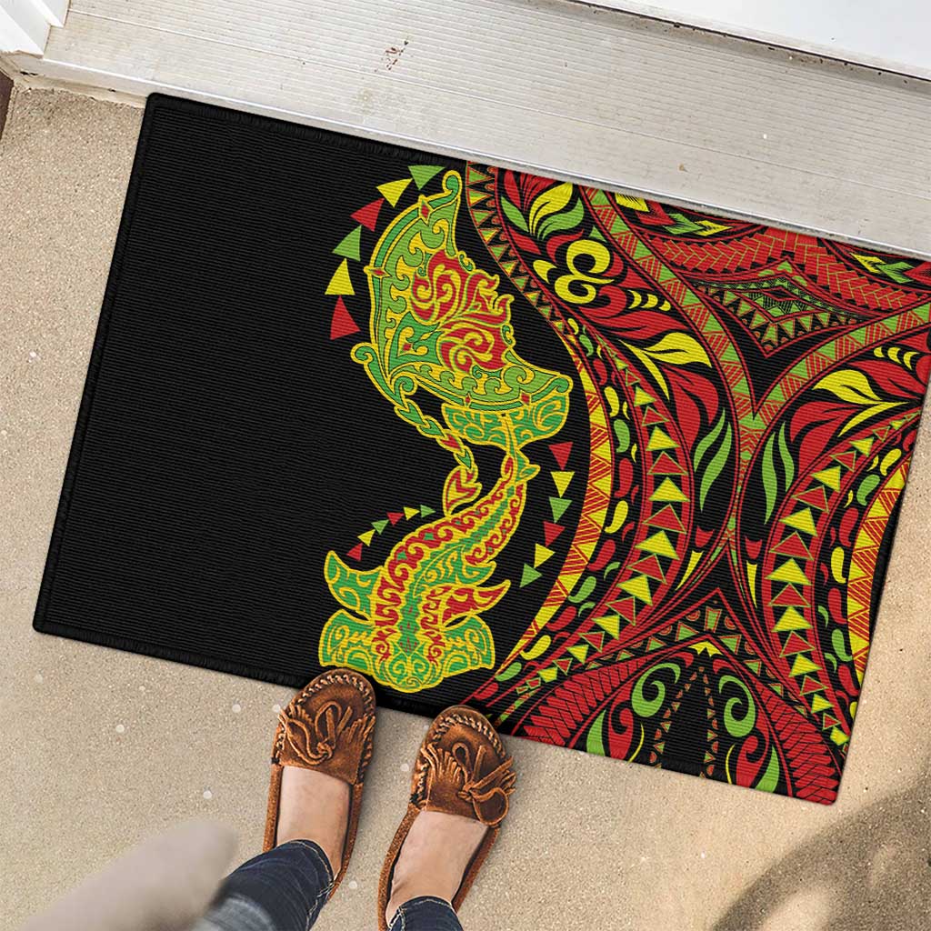 Hawaiian Manta Ray and Hammerhead Shark Tribal Tattoo Rubber Doormat with Polynesian Tribal Pattern Kanaka Maoli Flag Color