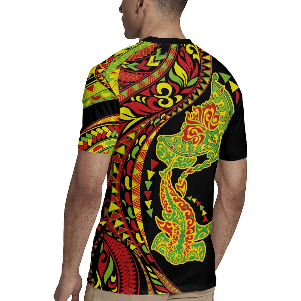 Hawaiian Manta Ray and Hammerhead Shark Tribal Tattoo Rugby Jersey with Polynesian Tribal Pattern Kanaka Maoli Flag Color LT03 - Polynesian Pride